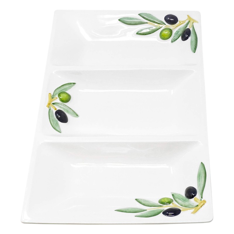 Handmade Italian Ceramic Rectangular Dish in Olive Design, Dreigeteilter/Approx. 31