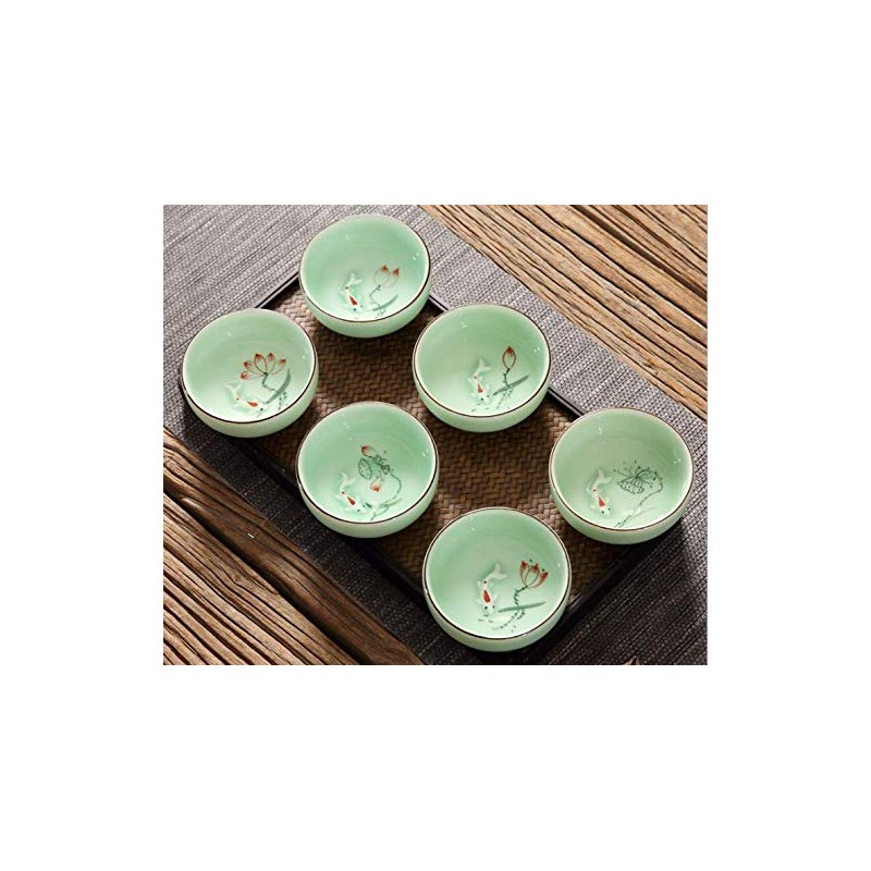 ZHAMS Hand Painted Kungfu Teacup,Chinese Long-Quan Celadon Teacup,Fishes and Lotus