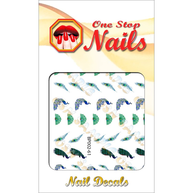 Peacock and peacock feathers clear waterslide nail art decals. Set