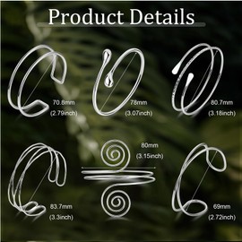 Hebterrka Upper Bangle Set Made of High-Quality Metal with 6 Silver Bangles, Adjustable and Minimalist, Boho Bracelets for Women, Ideal for Parties and Everyday Use, L, Plastic