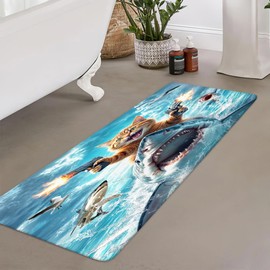 Grtuspr Funny Cat Bathroom Rug Bath Mat, Cool Kitty Riding Whale Shark on Ocean Waves Kitchen Shower Mat, Nautical Purple Blue Seawater Bedroom Door Mat, Non-Slip Bathroom Floor Rugs,17X29 Inches