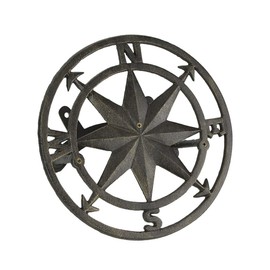 Bronze Finish Cast Iron Nautical Compass Rose Decorative Wall Mounted Garden Hose Hanger - Easy to Install - Coastal Outdoor Hose Holder Decor - 12 Inches in Diameter