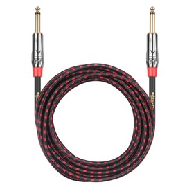Clef Audio Labs Instrument Guitar Cable, 20ft - 1/4 inch TS Straight to Straight Electric bass Guitar AMP Cord, 22AWG, Chrome Zinc Alloy Shell, Red Braided Jacket