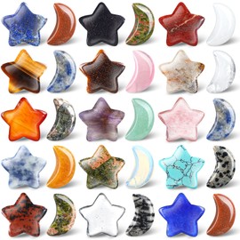 30 Pieces Worry Stones Bulks Moon Star Shaped Crystals Gemstone Star Bulks Palm Moon Hand Carved Thumb Stones for Witchcraft Supplies DIY Meditation Balancing(Classic Colors)