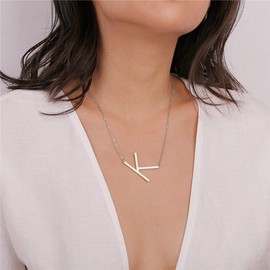 MOMOL Sideways Initial Necklace, Stainless Steel Silver Large Big Letter U Pendant Necklace Script Name Monogram Necklaces for Women