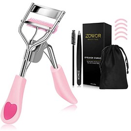 Zowor Eyelash Curler with 5PCS Silicone Refill Pad Fit All Eye Shape Curved Eyelash Curler,Natural and Long Lasting Lash Curler for Women Make Up Gift(Light Pink)
