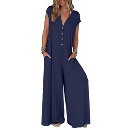 MEROKEETY Women's 2025 Summer Cap Sleeve Jumpsuits Deep V Neck Button Onesie Wide Leg Pants Rompers, Navy, M
