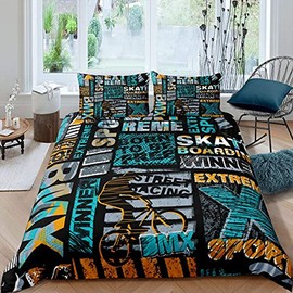 Bmx Bedding Set, Skateboard Trippy Urban Street Culture Brick Wall Grunge Gradient Graffiti Bicycle Comforter Cover, Decorative 2 Piece Duvet Cover With 1 Pillow Sham, Single Size, Teal Yellow Black