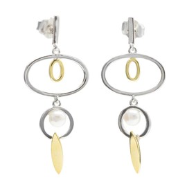 Sterling Lineargent Silver Earrings Bi-Colour 925 m Gold Rhodium Detail Cultured Pearl Oval