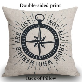 45x45cm Cushion Cover Not All Those Who Wander Are Lost Inspirational Travel Quote Decoration with Nautical Compass Rose Vintage Décor Cotton Linen Home Decorative Throw Pillow Case Sofa Couch 18"x18"