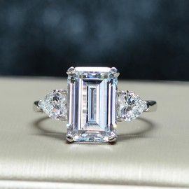 ALQDLI 5Ct Engagement Ring for Women, 925 Sterling Silver Emerald Cut Simulated Diamond 5A Cubic Zirconia Three Stone Wedding Promise Ring, 5, Sterling Silver, Cubic Zirconia
