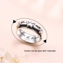 Pet Paw Anxiety Relieve Spinner Rings Always and Forever Puppy Animal Paw Print Fidget Ring Wide Band Oxidized Sterling Silver ADHD Stress Relieving Ring for Women(5)