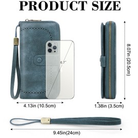 GOUNNU Women's Leather Soft Purse RFID Protection Purse Women Vintage Women's Purse Medium Size with 32 Card Slots and Wrist Strap Wallet Short Format, Dark blue-1, Modern