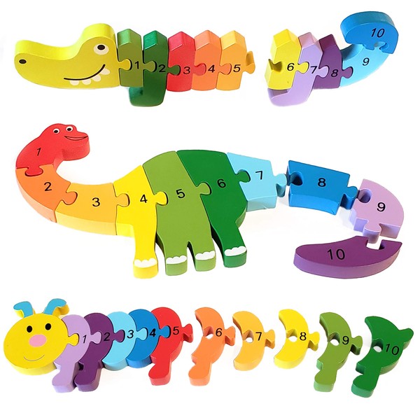 Animal Wooden Puzzles for Toddlers - Colors and Counting Building Toys and Toddler Games | Montessori Toys Wood Blocks with Storage Box and Learning Activities eBook - 3 Pack