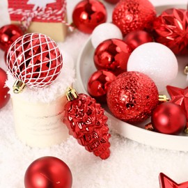 GarveeHome Christmas Ornament Set for Tree Decorations, 65 Pcs Assorted Christmas Ornaments, Shatterproof Ball Ornaments and Merry Christmas Sign for Christmas Party Tree Decoration,Red and White