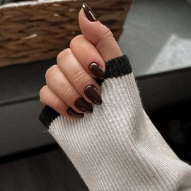 KQueenest Upgrade Thick Acrylic Fall Press on Nails Short Oval, Gel-Like Brown Nails Press on Round, Oval Fake Nails for Women Daily Wear, Natural Fit Glue on Nails Short Almond in 24 Pcs