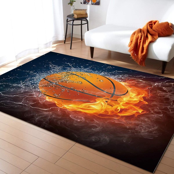 KITHOME Contemporary Non-Slip Area Rug Cool 3D Basketball with Flame