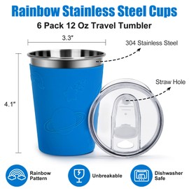 IAMGlobal Kids Cups with Rainbow Silicone Sleeves, 12oz Stainless Steel Cups with Lids and Straws, 304 Stainless Steel Travel Tumbler, Spill Proof Toddler Cups for Cold Drinks & Hot Drinks, 6 Pack