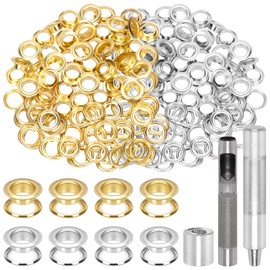 Glarks 102pcs 10.5mm Grommets Eyelets with Tool Set, 100Pcs Golden, Silver, Metal Grommets Tool Kit with Washers and 2pcs Installation Tools for Fabric, Canvas, Curtain, Leather Repair