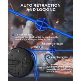 WILAWELS 30 Ft Retractable Extension Cord Reel, 16/3 Gauge SJTW Power Cord with 3 Electrical Outlets Pigtail for Garage and Shop, 10 Amp Circuit Breaker, Metal Plate, UL Listed, Blue U30CR06