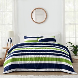Sweet Jojo Designs Navy Blue Lime Green and White Childrens, Kids, Teen 3 Piece Full/Queen Boys Stripe Bedding Set Collection