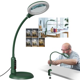 10X Magnifying Glass with Light and Stand, LED 5 Color Modes, Brightness Stepless Dimming Lighted Magnifier Hands Free, Flexible Gooseneck Desk Lamp with Clamp for Close Works, Crafts, Hobby - Green