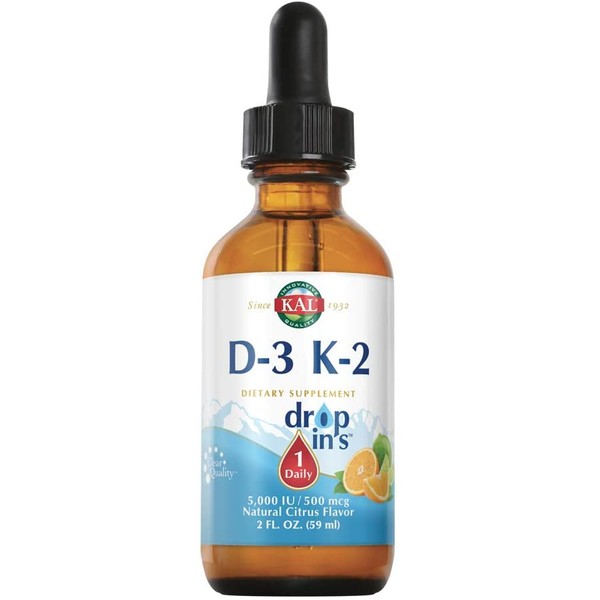 KAL D-3 and K-2 DropIns | 5000 IU / 500 MCG | Healthy Bones, Heart & Immune Function Support | Natural Citrus Flavor | 2 FL OZ | 59 Servings