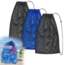 3 Pack Ling-Luo Mesh Gear Bag Oversized 19" x 27" for Snorkel Scuba Swim Dive Gear Oversized Drawstring Net Bag for Sports Equipment, Gym, Beach, Pools Toys, Balls, Laundry(Black & Blue)