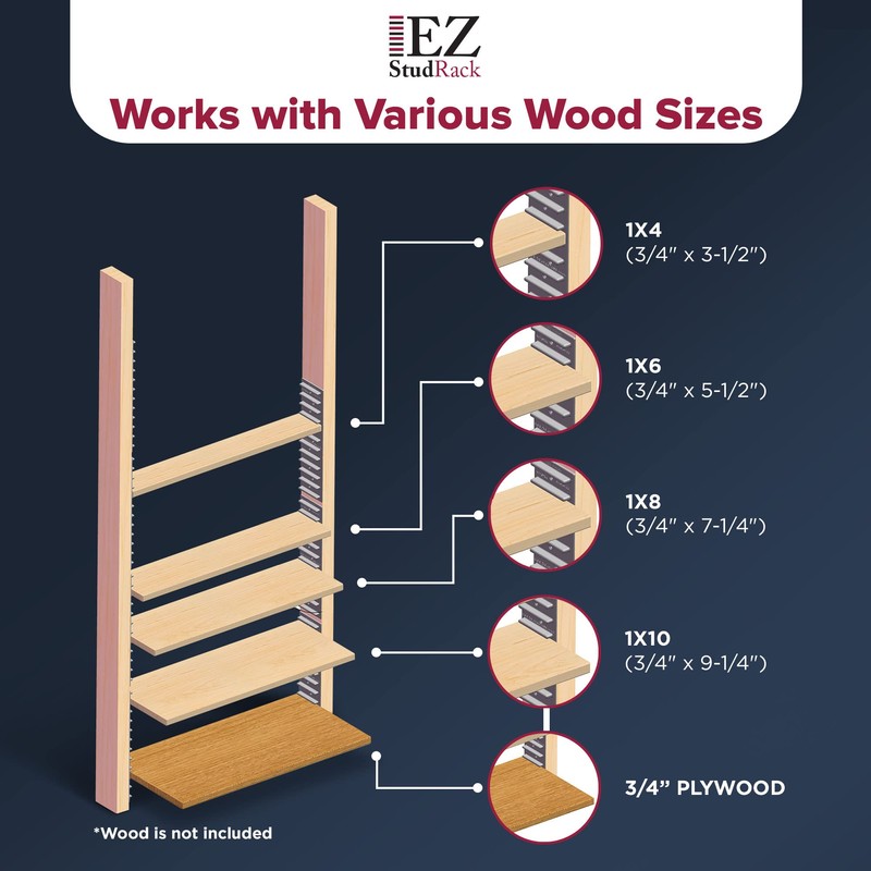 Made in USA EZStudRack Adjustable Shelf Brackets, 8-Pack (4 Pairs)