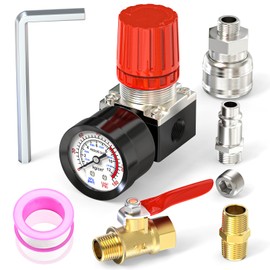 MEANLIN MEASURE 1/4 Inch Air Compressor Regulator with Gauge, 0~180 PSI Air Gauge Regulator Inline for Air Compressor and Pneumatic Tools (Four-way valve)