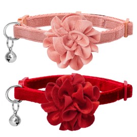 azuza 2 Pack Cat Collar Floral with Bell and Removable Flower Bowtie Breakaway Adjustable Velvet Fabric Cat Collar for Pets Holiday Party and Daily Decoration，Wine Red & Rose Pink