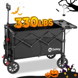 Sekey 250L Collapsible Wagon with Folding Table and Drink Holders, Foldble Beach Wagon with All-Terrain Wheels Load up to 330LBS for Shopping, Camping, Sports.Black