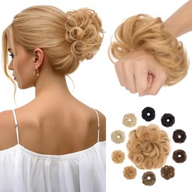 Hairro Human Hair Messy Bun, 100% Real Ponytail Hair Scrunchies, Natural Curly Chignon Fluffy Donut Updo, Hairpiece with Elastic Rubber Band for Women, 1 Count Golden Brown Mix Bleach Blonde Wavy