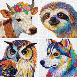 geesfayan 4 Pack Diamond Art Kit for Kids 6 Inch DIY Animal Gem Art with 4 Tools Sets, Gem Painting for Beginners, Creative Craft Gift for Teens & Kids(Owl Husky Cow Sloth)