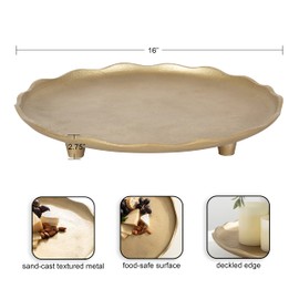 Kate and Laurel Alessia Modern Decorative Scalloped Round Footed Metal Tray; 16 Inch Diameter; Gold; Food-Safe Cast Aluminum Pedestal Transitional Tray with Rough Texture and Deckled Edge