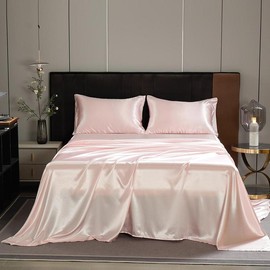 Solid Color Silky Fabric Bedroom Bedding Set, Including Fitted Sheet, 1 Set Including 1 Flat Sheet & 1/2 Pillowcase without Filler, Modern Soft Comfortable Satin Bedding Set for Home - Color: Baby Pink, Size: Queen