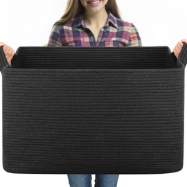 OIASKET 95L Extra Large Blanket Basket, 24" x 16.9" x 14.2" Woven Storage Basket for Living Room, Rectangle Nursery Blanket Storage for Toys, Towels, Dirty Clothes (Black)