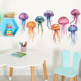 Watercolor Jellyfish Wall Decals - Removable Ocean Wall Art Mermaid Tail Stickers, Peel-and-Stick Design Dreamy Marine Creature Wall Art Perfect for Bathrooms Bedrooms Kids Room Nursery (Color-1)