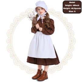 Kosgraiy Colonial Prairie Costume Dress for Girl,Kid Manor Maid Dress,Victorian Maid Costume,Girl Pilgrim Costume,Brown,White Apron,S/120