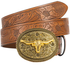 IZUS Men-Women Longhorn-Bull-Head Western-Cowboy-Belt Floral-Embossed PU-Leather Rodeo Cowgirl-Belt 1.5" Wide for Jeans (Bull Oval Buckle-Brown Strap, 39" Belt for 29"-33" Waist)