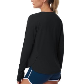 THE GYM PEOPLE Women's Long Sleeve Workout Shirts Side Slits Athletic Yoga Tee Tops with Thumb Hole Black