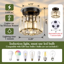 Piepooye Indoor Motion Sensor Ceiling Light Fixture Modern Small Crystal Semi Flush Mount Ceiling Light Black Mini Round Chandelier for Hallway Closet Entryway Bathroom Kitchen