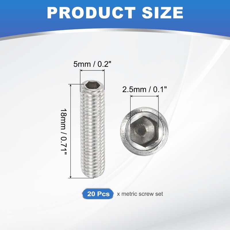 PATIKIL 20 Pcs Hex Socket Grub Screw, M5x18mm Flat Point