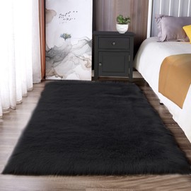Latepis Black Fluffy Rug Small Fur Rug 3x4 Area Rug for Bedroom Bedside Rug