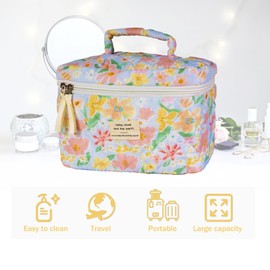 Yoncito Cotton Quilted Makeup Bag: Large Capacity Makeup Bag Organizer - Portable Aesthetic Makeup Bag Floral Toiletry Bag with Handle Cute Cosmetic Bag for Women Travel Cartoon Flower