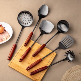 FJNATINH 6-Pieces Wok Utensils Set for Carbon Steel, Wok Spatula Soup Ladle Set Cooking Kitchen Tools Professional Sets, Wooden Handle Skimmer, Soup Ladle, Slotted Turner,etc.