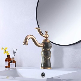 LANC Luxury Stone Bathroom Faucet European All Copper and Natural Yellow Rosin Jade Basin Faucet Hot and Cold Mixer Tap Rose Gold C12123MS-FW