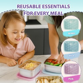 Tanjiae 3-Pack Stainless Steel Snack Containers for Kids & Toddlers - 550ml (18oz) Leakproof Reusable Food Containers with LFGB Certified Lids | Stackable Metal Lunch Box for Daycare, School, Travel
