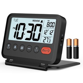 MeesMeek Digital Travel Alarm Clock, Black, 3.54 inch LCD Display, 9-Minute Snooze, 2 Volume Levels, Backlight, Battery Included