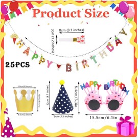 WNXBFO 25 PCS Party Hats Pack with Happy Birthday Banners, Crown Party Hat Glasses Party Blowers for Boys Girls Kids Adults Party Decoration